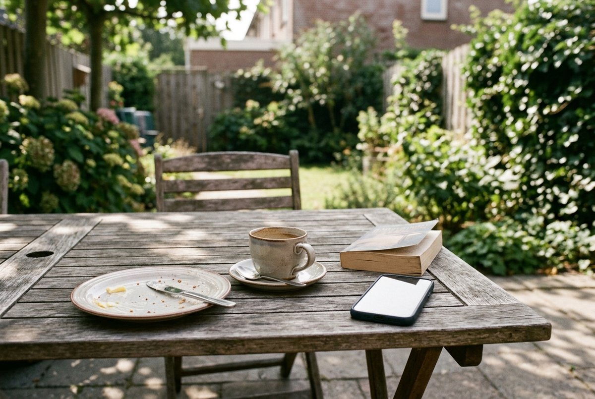 Een tuintafel op zaterdagochtend met een leeg ontbijtbord, een half opgedronken kop koffie en een telefoon met een oplichtend scherm.