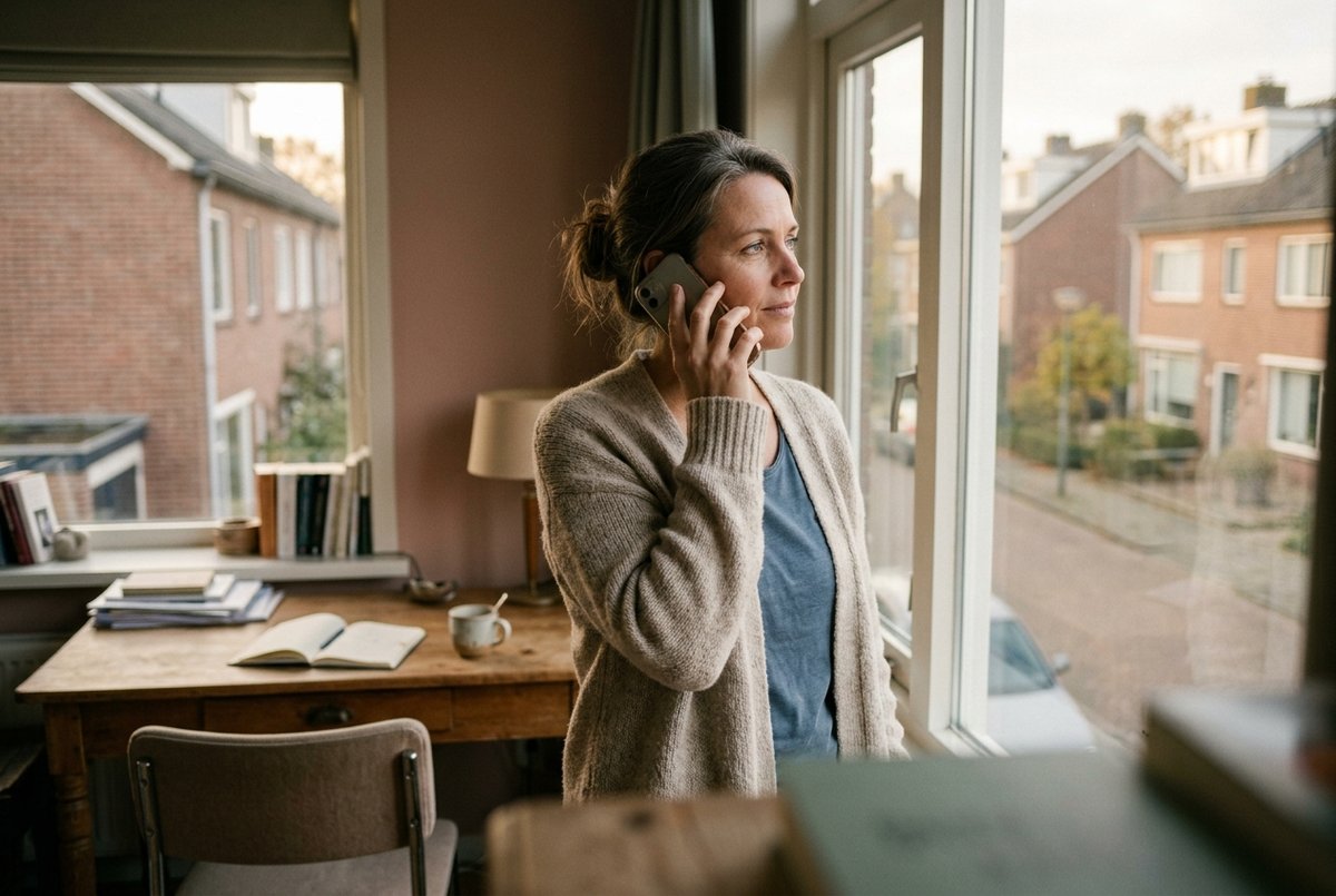 Een vrouw staat bij het raam van haar werkkamer met de telefoon aan haar oor, midden in een gesprek.