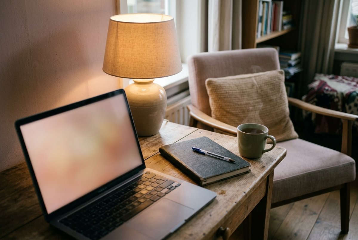 Een tafeltje aan het eind van de middag met een lamp aan, een open laptop, een dichtgeslagen schrift met een pen erop en een lege stoel.