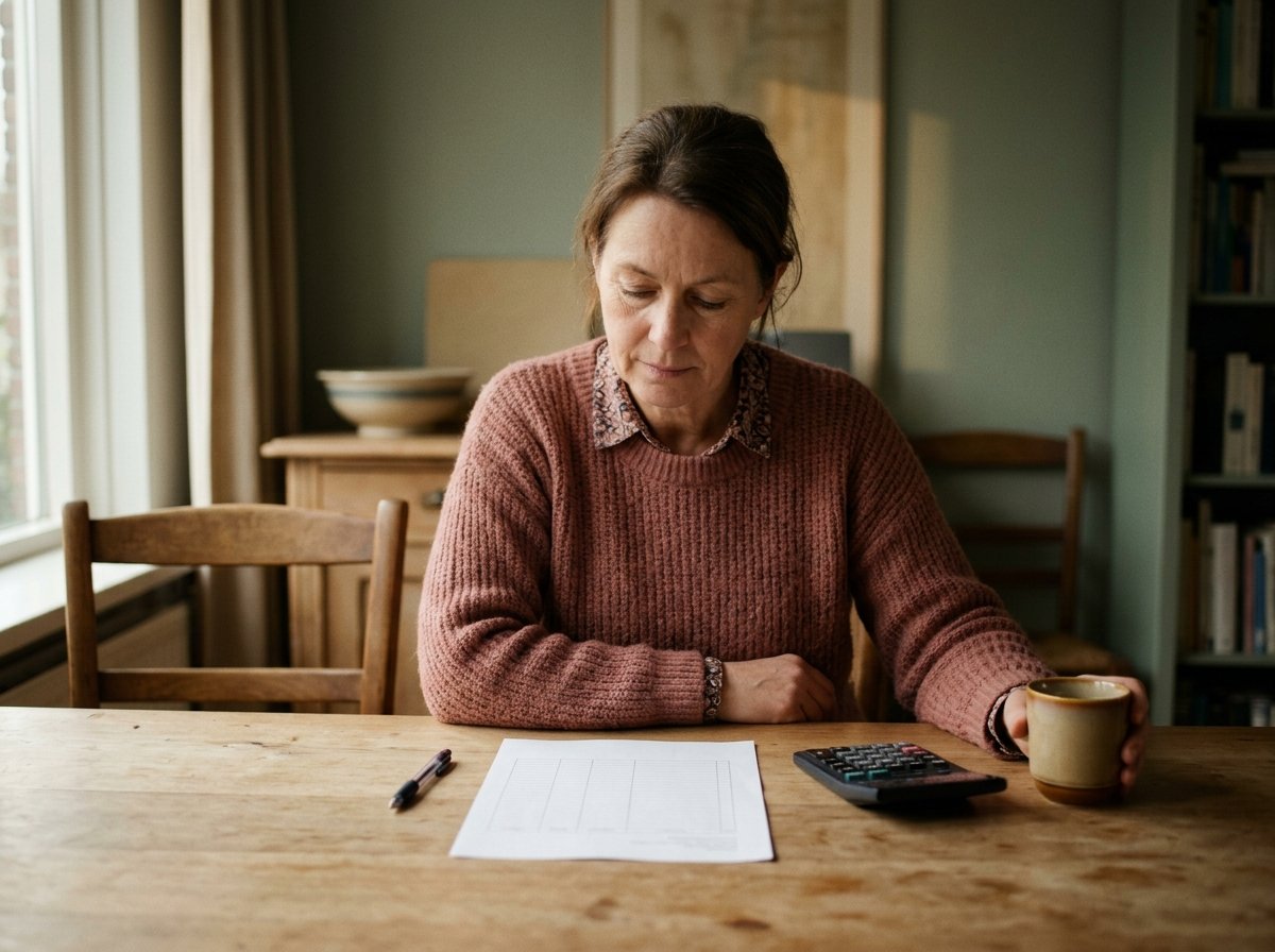 Een vrouw van in de vijftig rekent aan haar keukentafel met pen en rekenmachine uit wat haar programma moet kosten.