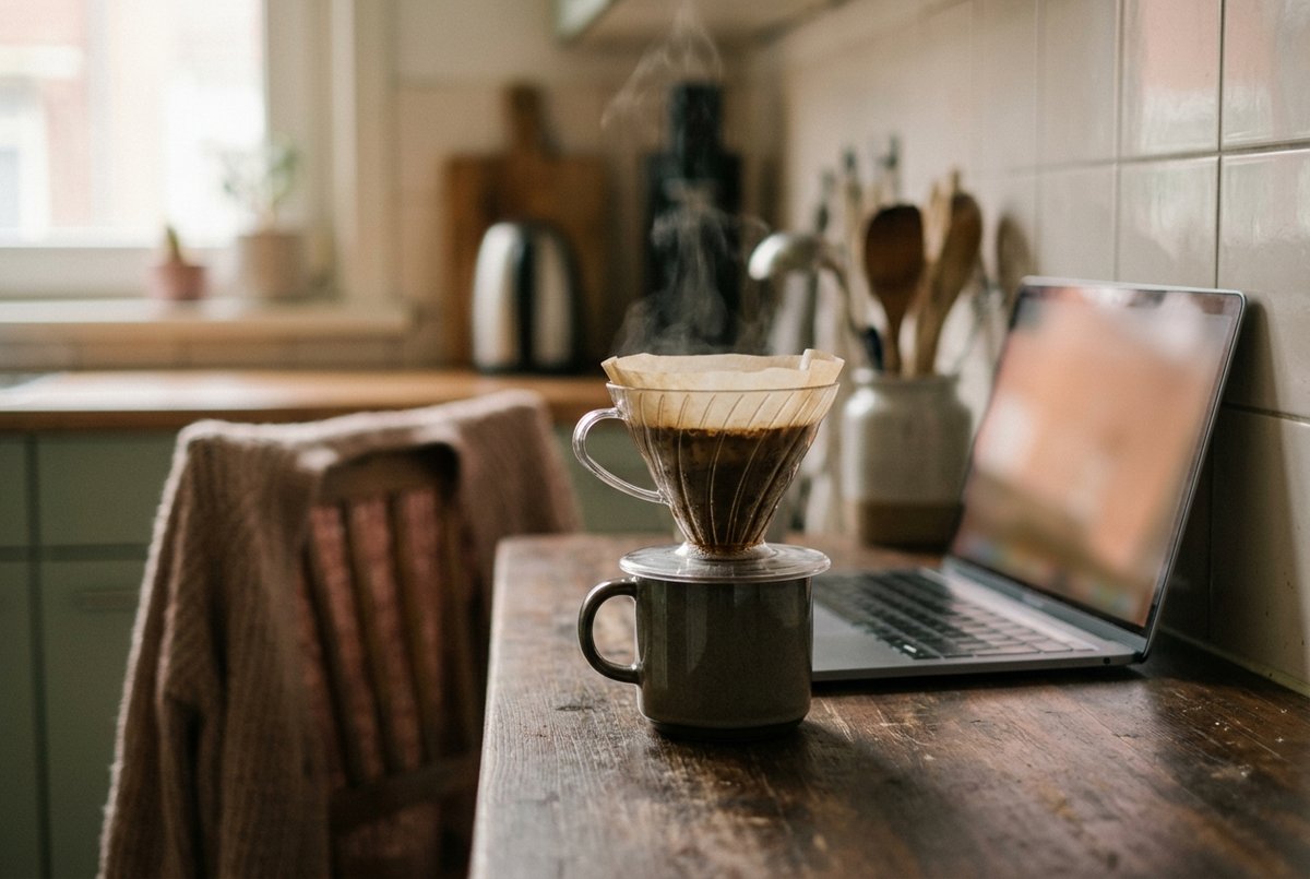 Een keukenblad met een open laptop en een filter waar koffie doorheen loopt in een mok.