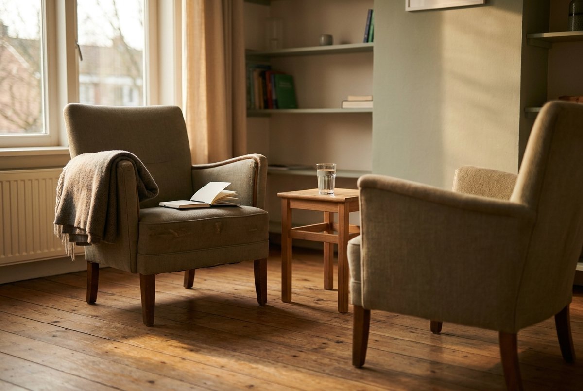 Een spreekkamer met twee stoelen tegenover elkaar. Op de ene ligt een plaid en een open schrift, de andere is onaangeraakt en er staat een vol glas water naast.