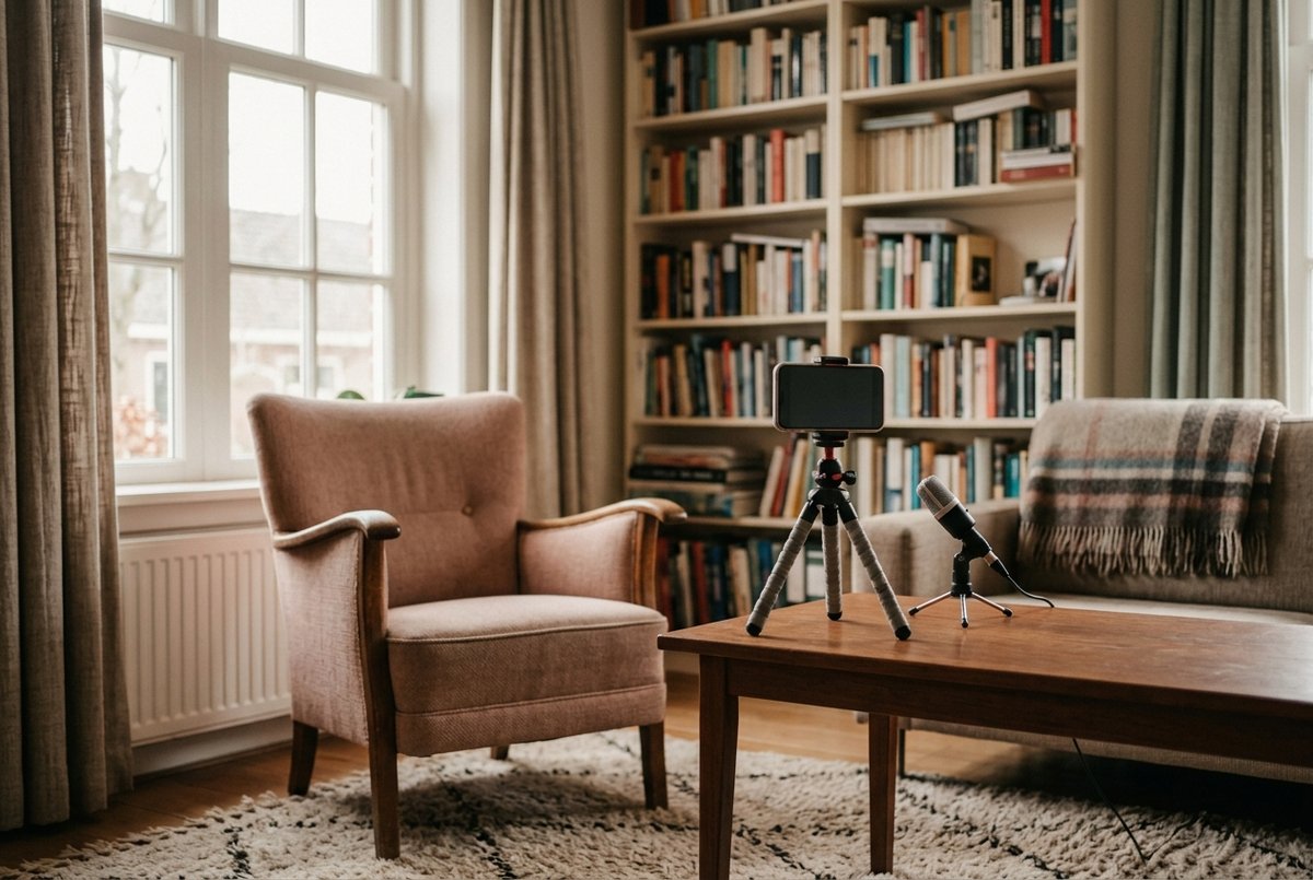 Een woonkamerhoek klaargezet om op te nemen: een telefoon op een tafelstatief op ooghoogte, gericht op een lege fauteuil bij het raam, met een usb-microfoon vlak bij de stoel.