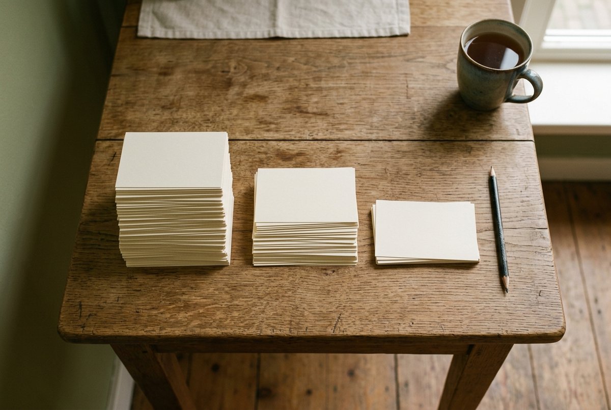 Drie stapels blanco kaarten naast elkaar op een houten tafel, de linkerstapel het hoogst, met een potlood ernaast.